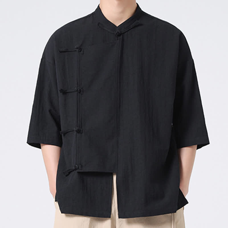 Buddha Stones Summer Tang Style Mandarin Collar Frog Button Solid Short Sleeve Men's Shirts - image 17