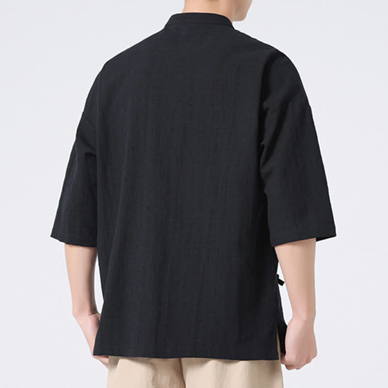 Buddha Stones Summer Tang Style Mandarin Collar Frog Button Solid Short Sleeve Men's Shirts - image 16