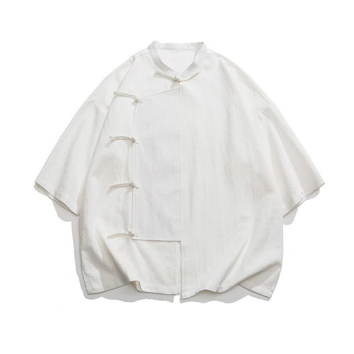 Buddha Stones Summer Tang Style Mandarin Collar Frog Button Solid Short Sleeve Men's Shirts - image 30