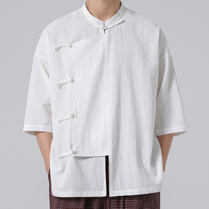Buddha Stones Summer Tang Style Mandarin Collar Frog Button Solid Short Sleeve Men's Shirts - White - US/UK/AU46，EU56 (5XL) - image 21