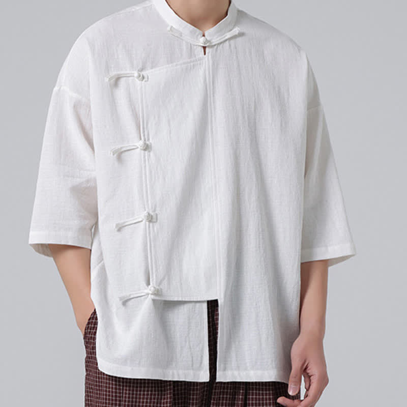Buddha Stones Summer Tang Style Mandarin Collar Frog Button Solid Short Sleeve Men's Shirts - image 24