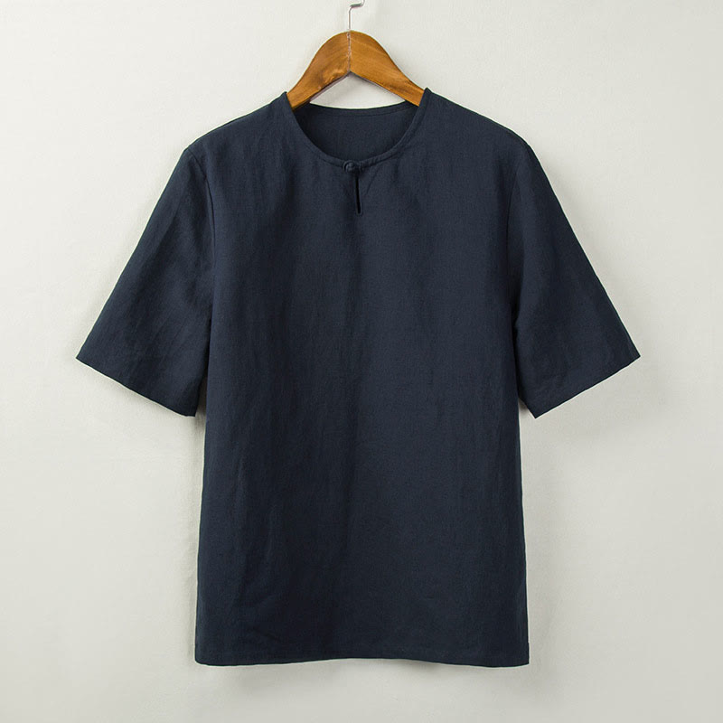 Buddha Stones Summer Tang Style Knot Button Side Slit Solid Men's Shirts - MidnightBlue - US/UK/AU44，EU54 (4XL) - image 4