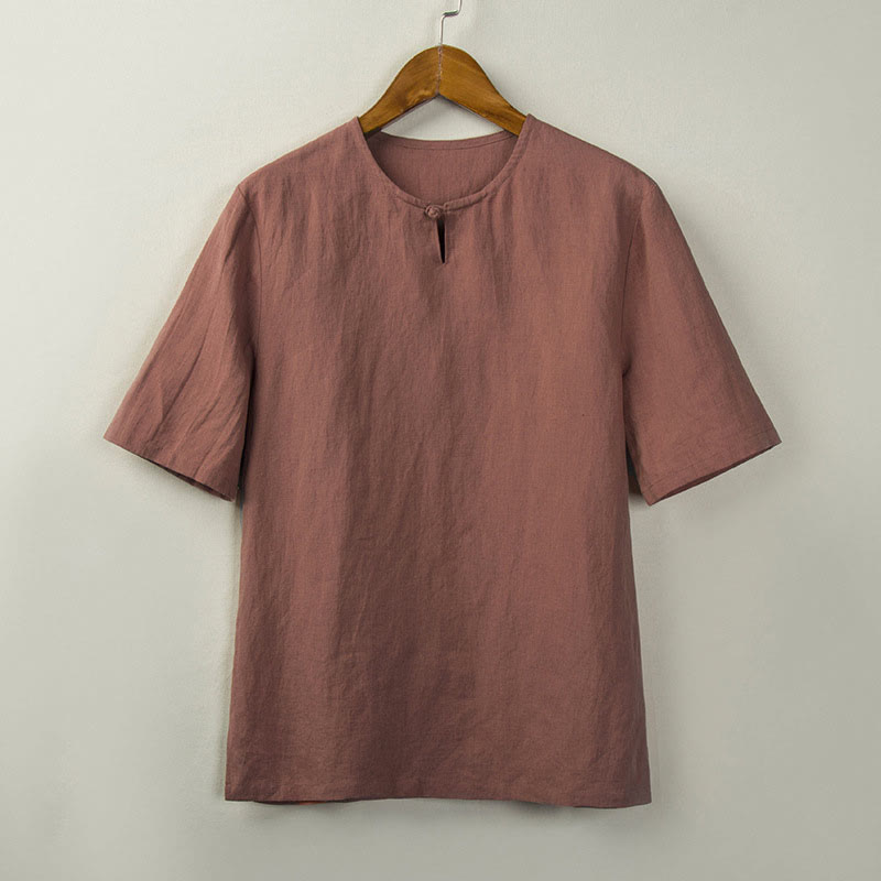 Buddha Stones Summer Tang Style Knot Button Side Slit Solid Men's Shirts - DarkSalmon - US/UK/AU44，EU54 (4XL) - image 6