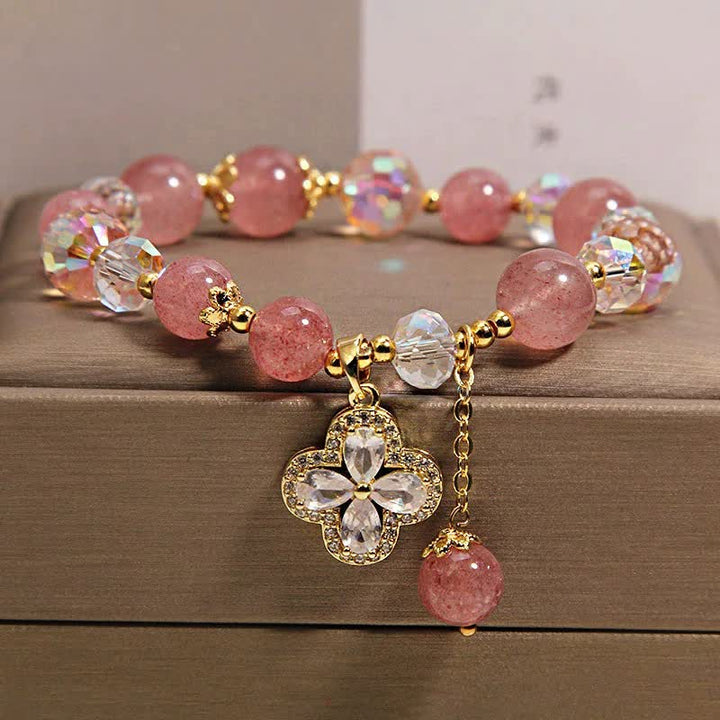 Buddha Stones Strawberry Quartz Clover Love Beaded Tassel Bracelet - Strawberry Quartz(Love ♥ Healing) - image 0