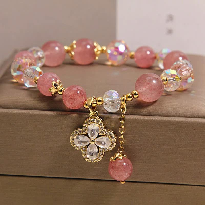 Buddha Stones Strawberry Quartz Clover Love Beaded Tassel Bracelet - image 2