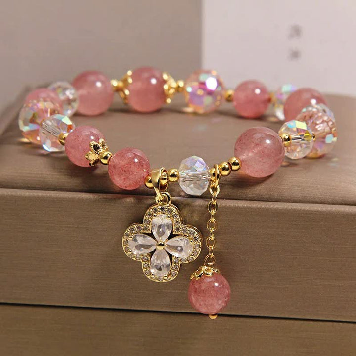 Buddha Stones Strawberry Quartz Clover Love Beaded Tassel Bracelet - image 2