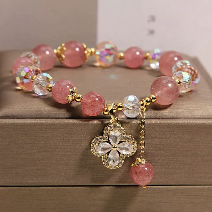 Buddha Stones Strawberry Quartz Clover Love Beaded Tassel Bracelet - image 1