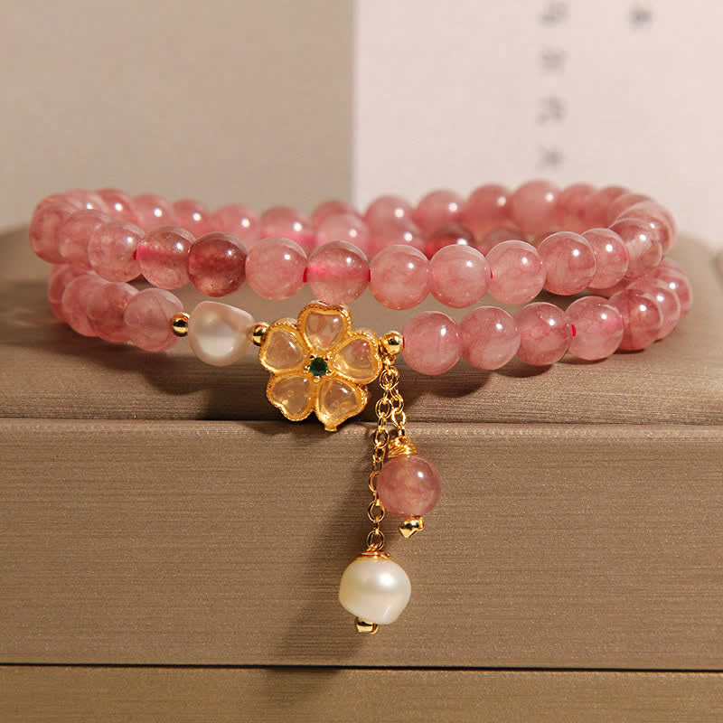 Buddha Stones Strawberry Quartz Pearl Clover Love Double Wrap Bracelet - Strawberry Quartz(Love ♥ Healing) - image 0