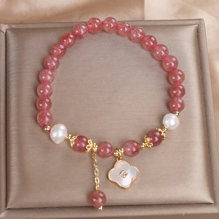 Buddha Stones Strawberry Quartz Pearl Shell Four-Leaf Clover Love Round Bead Bracelet - image 9