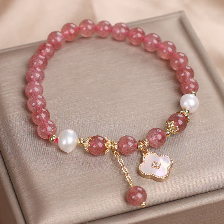 Buddha Stones Strawberry Quartz Pearl Shell Four-Leaf Clover Love Round Bead Bracelet - image 8