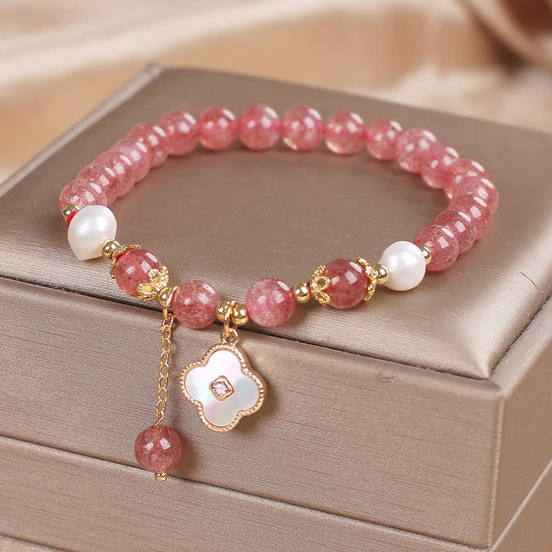 Buddha Stones Strawberry Quartz Pearl Shell Four-Leaf Clover Love Round Bead Bracelet - image 3