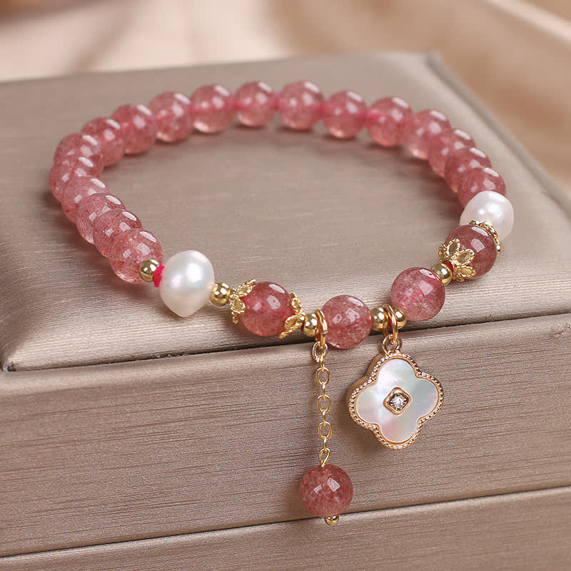 Buddha Stones Strawberry Quartz Pearl Shell Four-Leaf Clover Love Round Bead Bracelet - image 1