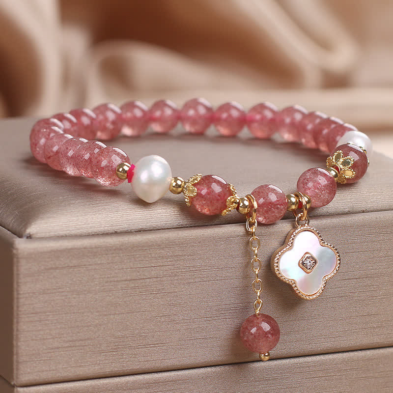 Buddha Stones Strawberry Quartz Pearl Shell Four-Leaf Clover Love Round Bead Bracelet - image 2