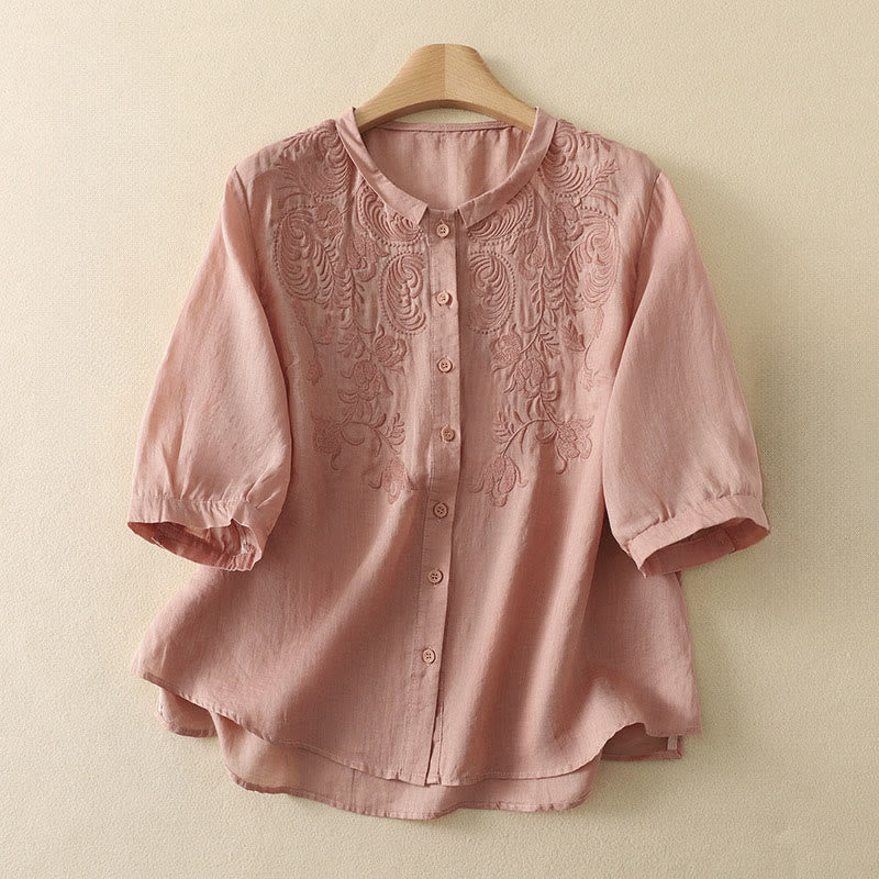 Buddha Stones Summer Vintage Embroidery Floral Women's Elbow-Length Sleeve Shirts - LightPink - US8-10，UK/AU12-14，EU40-42 (2XL) - image 5
