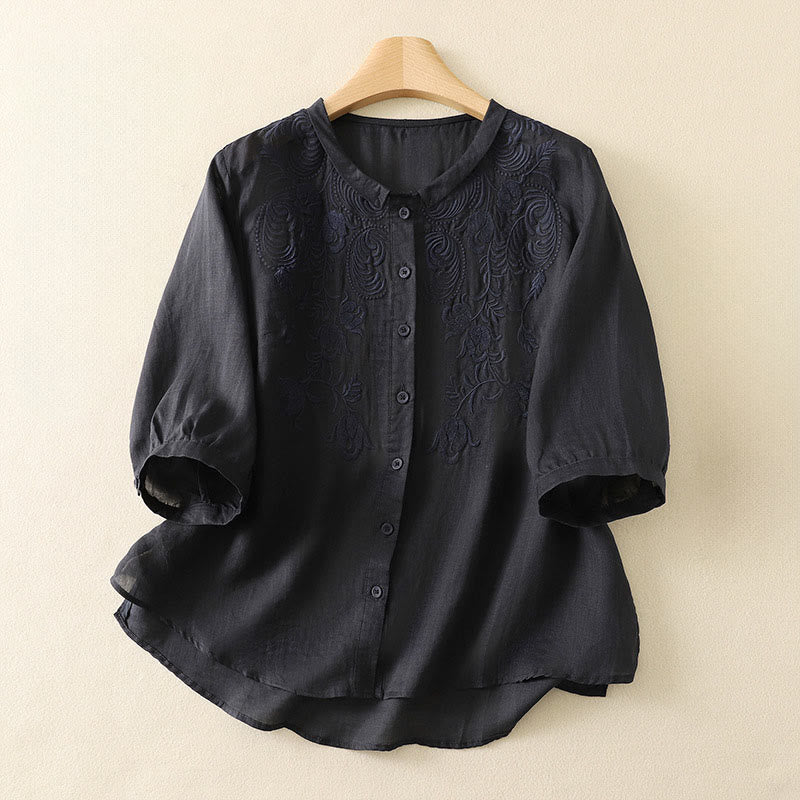 Buddha Stones Summer Vintage Embroidery Floral Women's Elbow-Length Sleeve Shirts - MidnightBlue - US8-10，UK/AU12-14，EU40-42 (2XL) - image 16