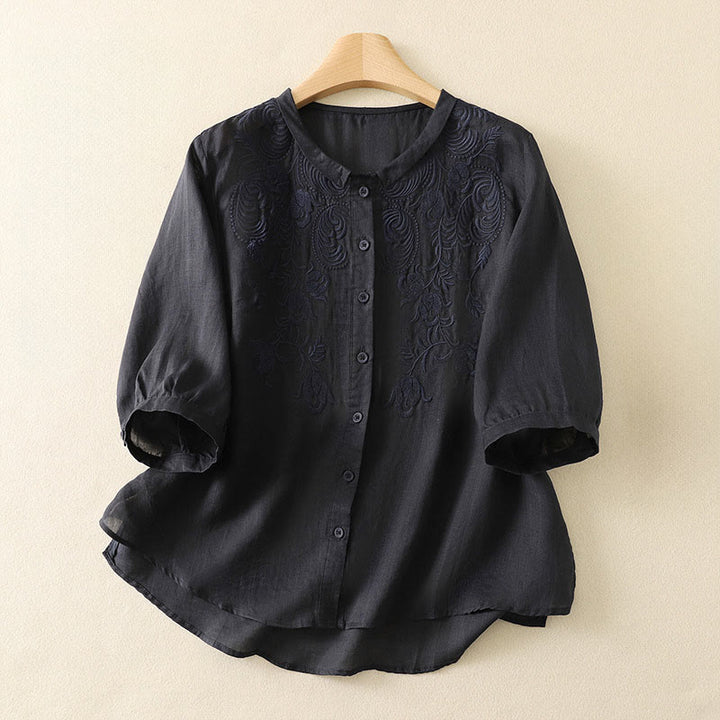 Buddha Stones Summer Vintage Embroidery Floral Women's Elbow-Length Sleeve Shirts - MidnightBlue - US8-10，UK/AU12-14，EU40-42 (2XL) - image 16