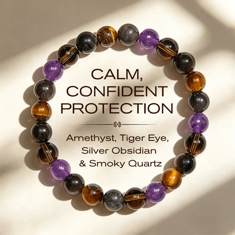 Buddha Stones Natural Amethyst Tiger Eye Black Obsidian Smoky Quartz Healing Bracelet - 14-16cm - image 0