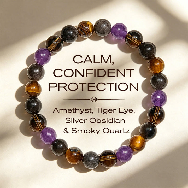 Buddha Stones Natural Amethyst Tiger Eye Black Obsidian Smoky Quartz Healing Bracelet - 14-16cm - image 0