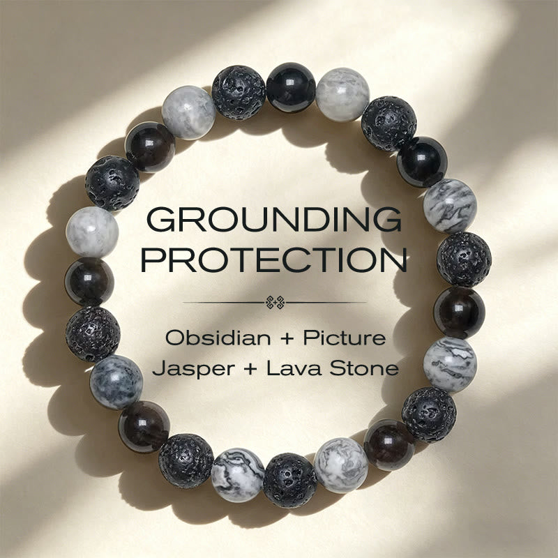 Buddha Stones Black Obsidian Lava Rock Picasso Jasper Beads Support Bracelet - Black Obsidian Picasso Jasper Lava Rock(Wrist Circumference 14-16cm) - image 0