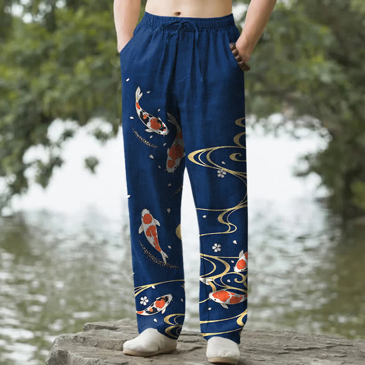 Buddha Stones Cotton Koi Fish Ripple Pattern Men's Tapered Pants With Pockets - Navy - US/UK/AU50，EU60 (5XL) - image 8