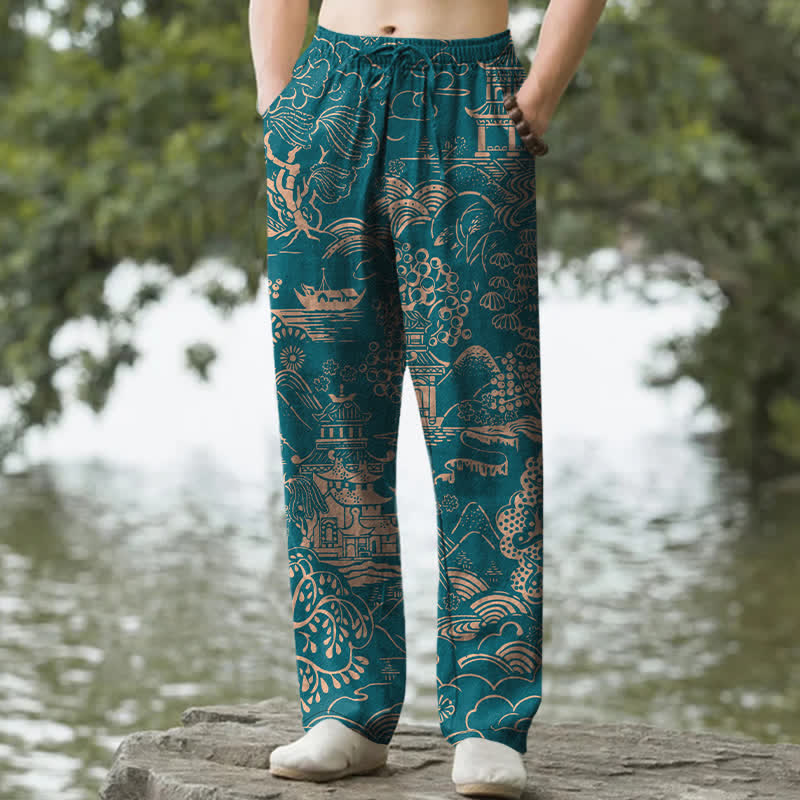 Buddha Stones Cotton Oriental Landscape Pattern Men's Tapered Pants With Pockets - Teal - US/UK/AU50，EU60 (5XL) - image 0