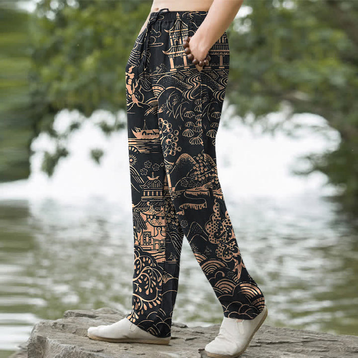 Buddha Stones Cotton Oriental Landscape Pattern Men's Tapered Pants With Pockets - image 5