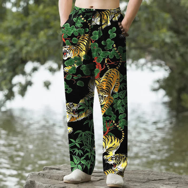 Buddha Stones Cotton Tiger Jungle Pattern Men's Tapered Pants With Pockets - Black - US/UK/AU50，EU60 (5XL) - image 0
