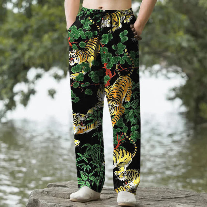 Buddha Stones Cotton Tiger Jungle Pattern Men's Tapered Pants With Pockets - Black - US/UK/AU50，EU60 (5XL) - image 0