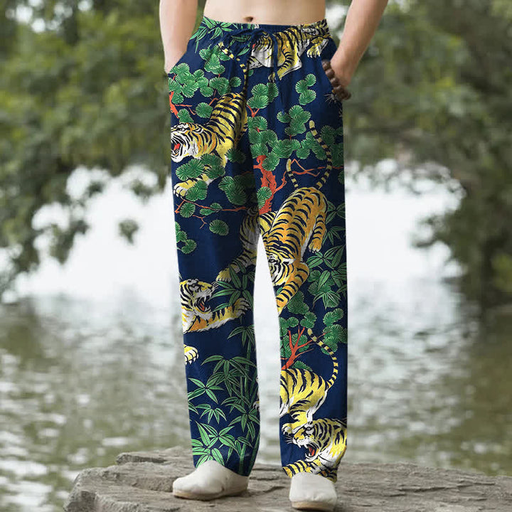 Buddha Stones Cotton Tiger Jungle Pattern Men's Tapered Pants With Pockets - Navy - US/UK/AU50，EU60 (5XL) - image 4