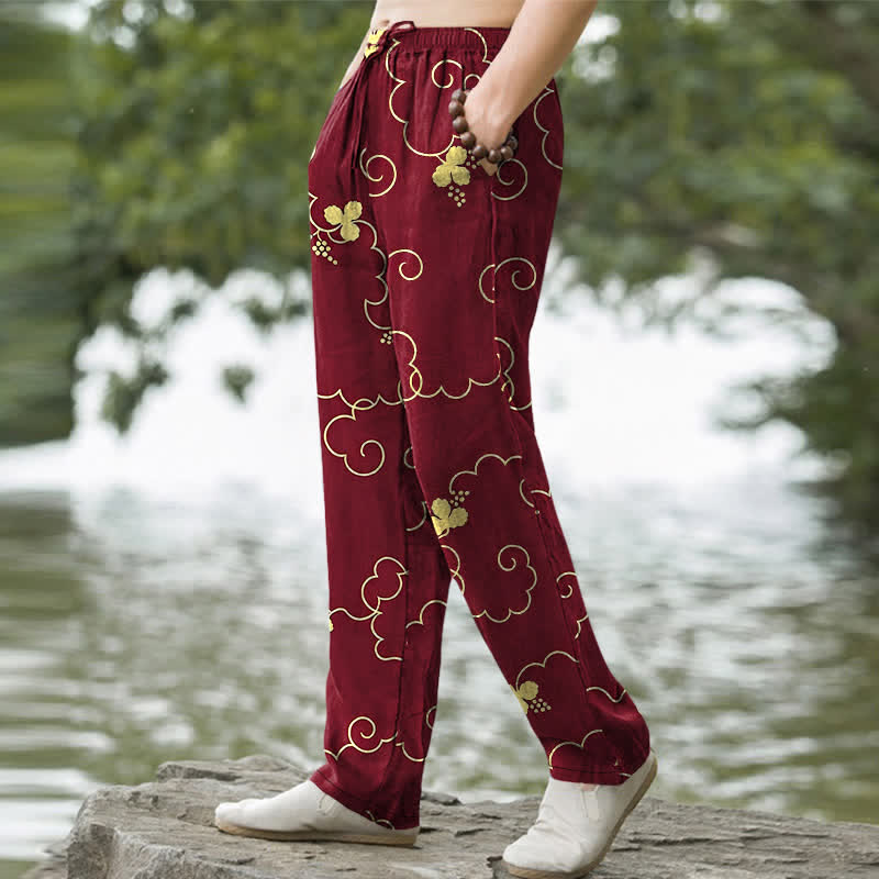 Buddha Stones Cotton Golden Floral Cloud Pattern Men's Tapered Pants With Pockets - image 9