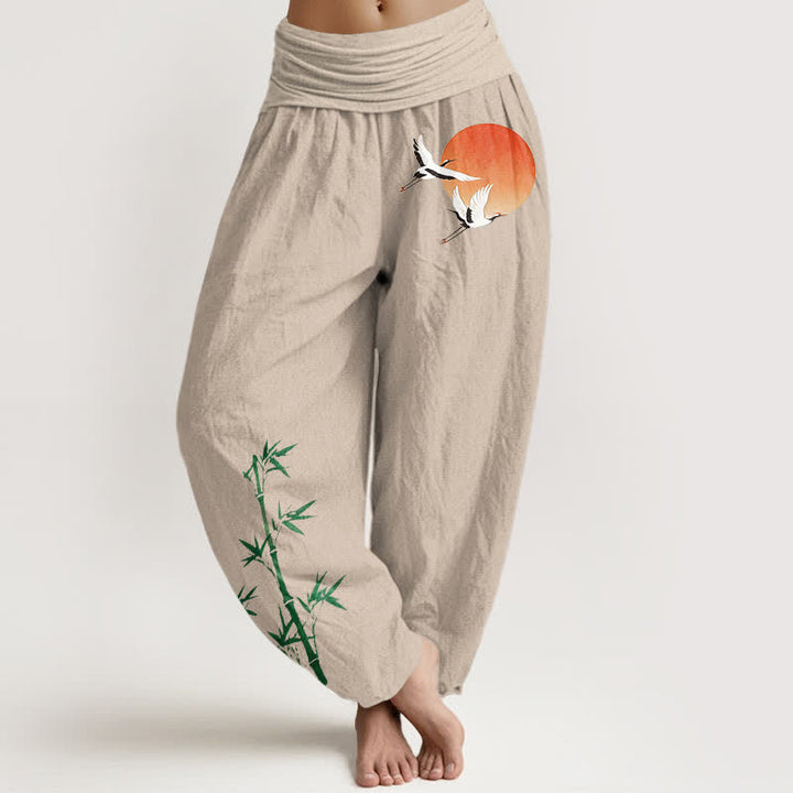 Buddha Stones Pure Cotton Sun Crane Bamboo Pattern Women's Elastic Waist Harem Pants - Linen - US16，UK/AU20，EU48 (3XL) - image 0