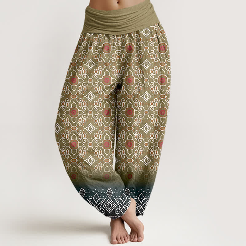 Buddha Stones Cotton Bohemian Floral Geometric Pattern Women's Elastic Waist Harem Pants - Olive - US16，UK/AU20，EU48 (3XL) - image 5