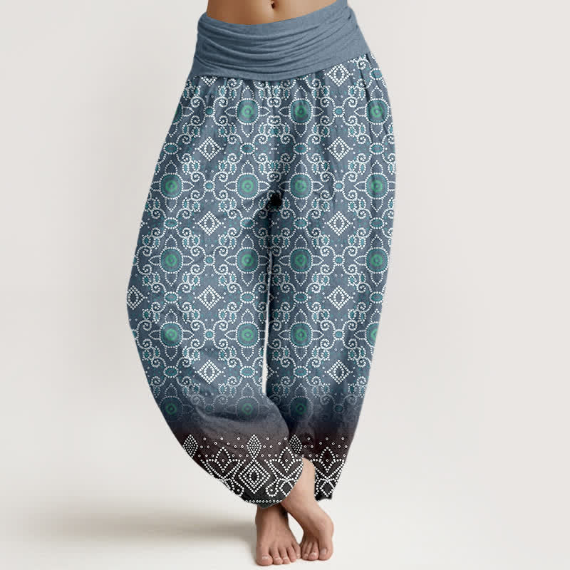 Buddha Stones Cotton Bohemian Floral Geometric Pattern Women's Elastic Waist Harem Pants - SteelBlue - US16，UK/AU20，EU48 (3XL) - image 8