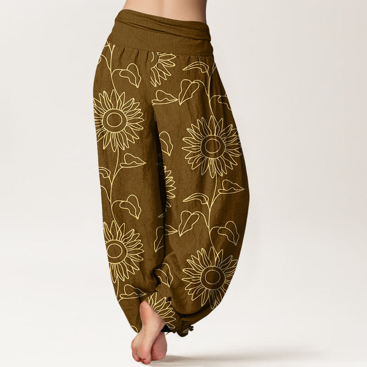 Buddha Stones Cotton Gold Sunflower Line Art Pattern Women's Elastic Waist Harem Pants - image 9