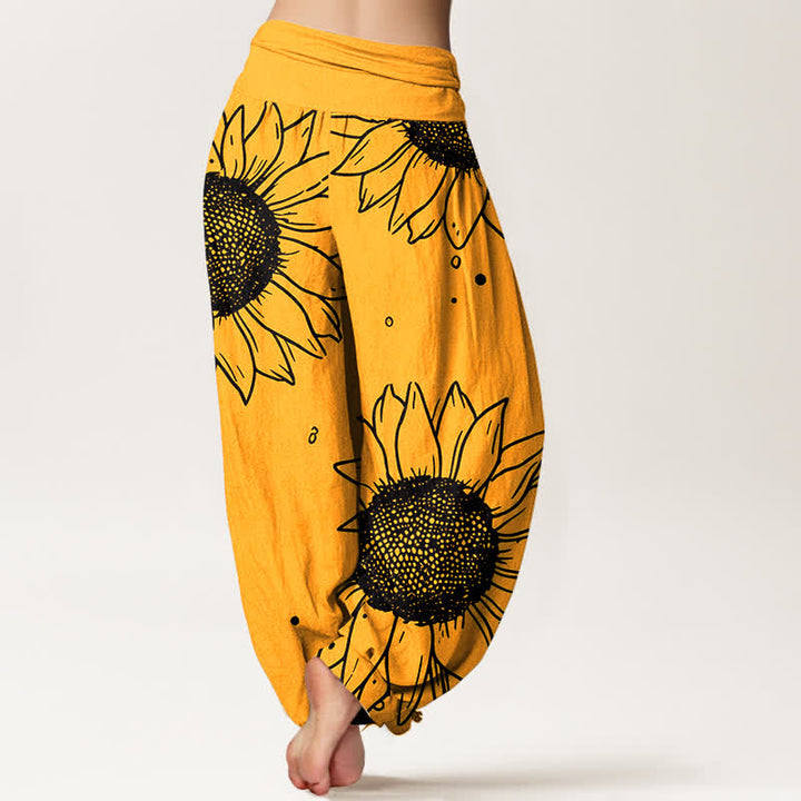 Buddha Stones Pure Cotton Sunflower Bloom Pattern Women's Elastic Waist Harem Pants - image 1