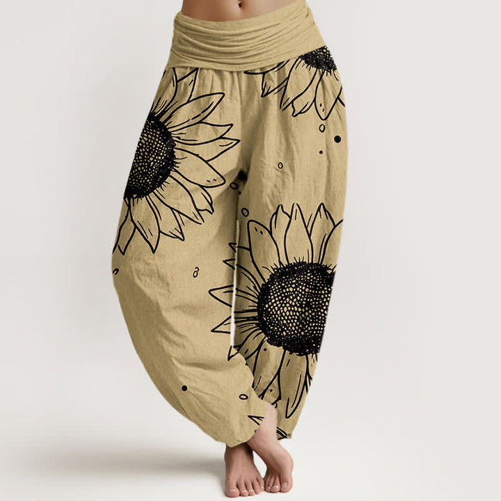 Buddha Stones Pure Cotton Sunflower Bloom Pattern Women's Elastic Waist Harem Pants - Khaki - US16，UK/AU20，EU48 (3XL) - image 5