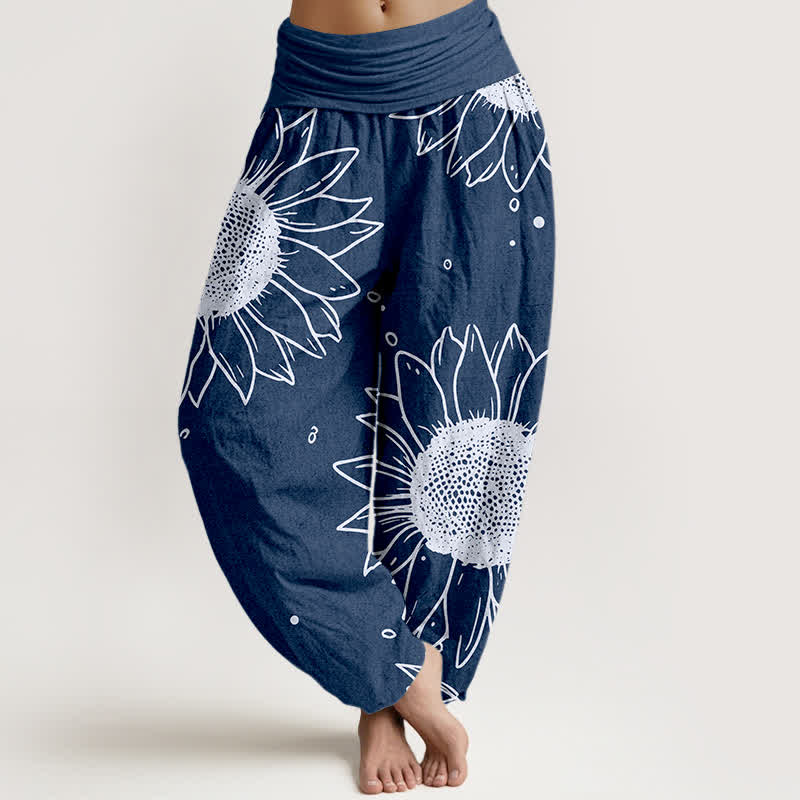 Buddha Stones Pure Cotton Sunflower Bloom Pattern Women's Elastic Waist Harem Pants - Navy - US16，UK/AU20，EU48 (3XL) - image 8