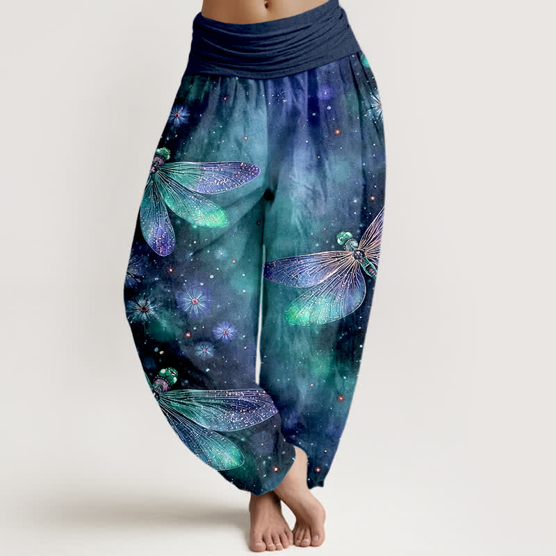 Buddha Stones Cotton Dreamy Dragonfly Flower Pattern Women's Elastic Waist Harem Pants - DarkBlue - US16，UK/AU20，EU48 (3XL) - image 5