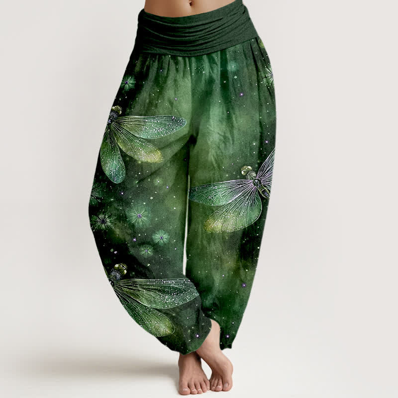 Buddha Stones Cotton Dreamy Dragonfly Flower Pattern Women's Elastic Waist Harem Pants - ForestGreen - US16，UK/AU20，EU48 (3XL) - image 8