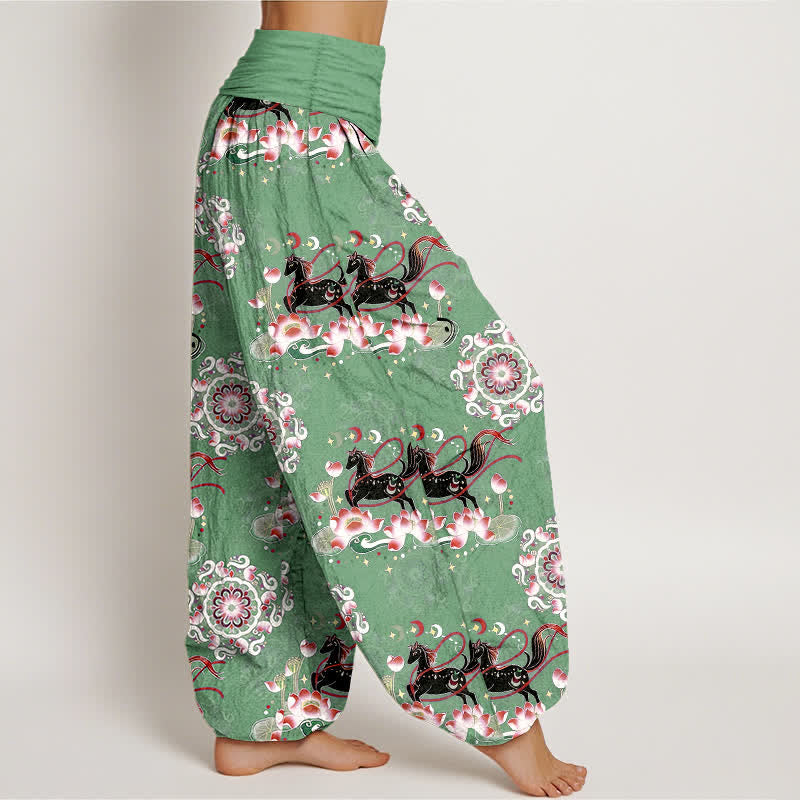 Buddha Stones Pure Cotton Horse, Lotus And Mandala Pattern Women's Elastic Waist Harem Pants - image 7