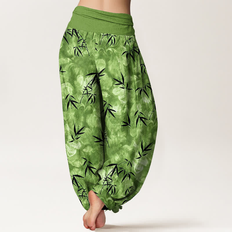 Buddha Stones Pure Cotton Black Bamboo Leaf Pattern Women's Elastic Waist Harem Pants - image 1