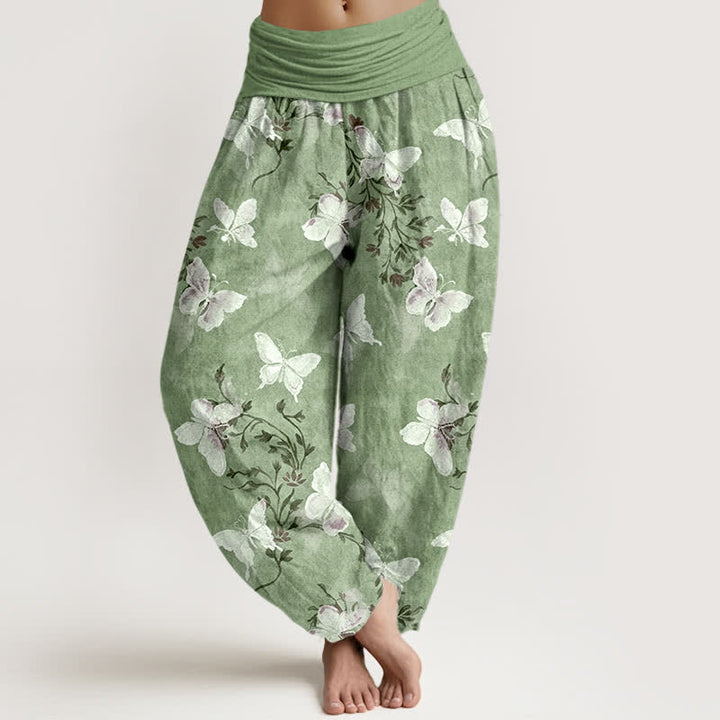 Buddha Stones Cotton White Butterfly Floral Pattern Women's Elastic Waist Harem Pants - PaleGreen - US16，UK/AU20，EU48 (3XL) - image 0