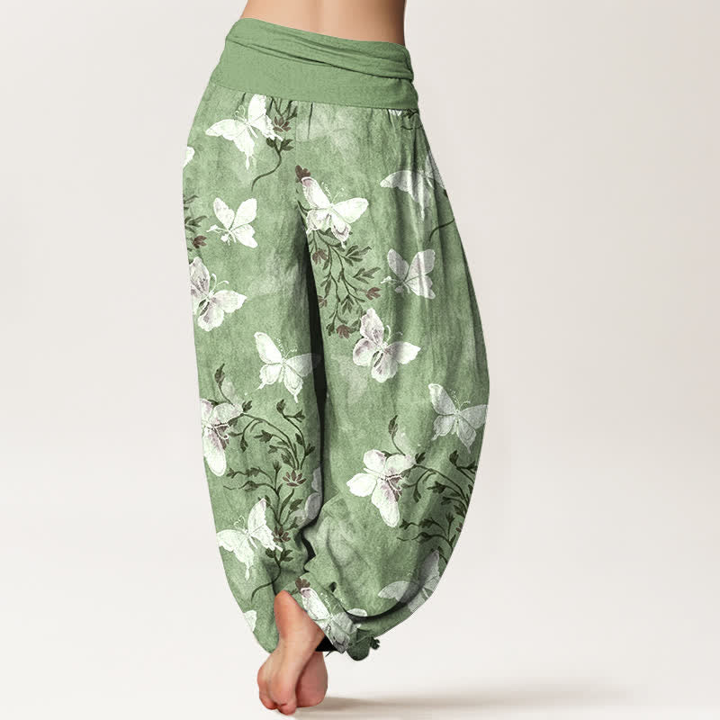 Buddha Stones Cotton White Butterfly Floral Pattern Women's Elastic Waist Harem Pants - image 1