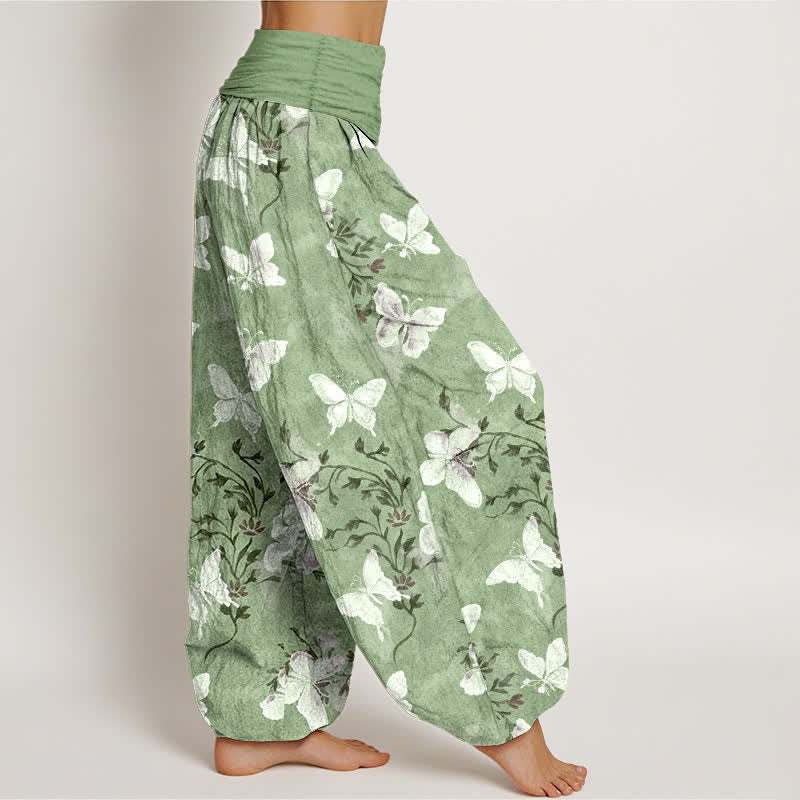 Buddha Stones Cotton White Butterfly Floral Pattern Women's Elastic Waist Harem Pants - image 2