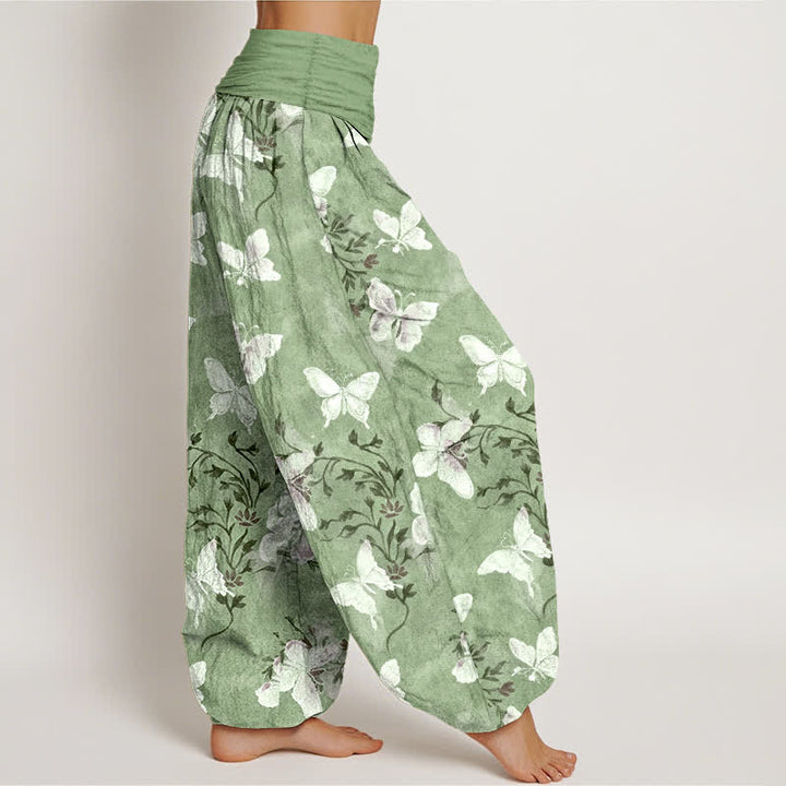 Buddha Stones Cotton White Butterfly Floral Pattern Women's Elastic Waist Harem Pants - image 2