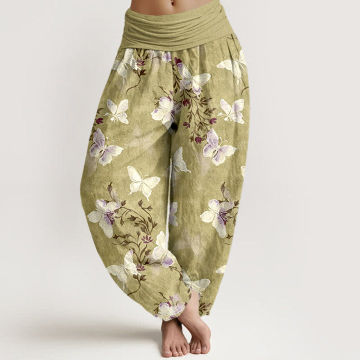 Buddha Stones Cotton White Butterfly Floral Pattern Women's Elastic Waist Harem Pants - DarkKhaki - US16，UK/AU20，EU48 (3XL) - image 5