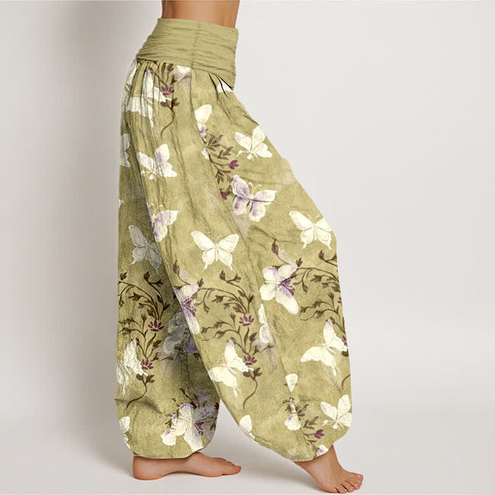 Buddha Stones Cotton White Butterfly Floral Pattern Women's Elastic Waist Harem Pants - image 7