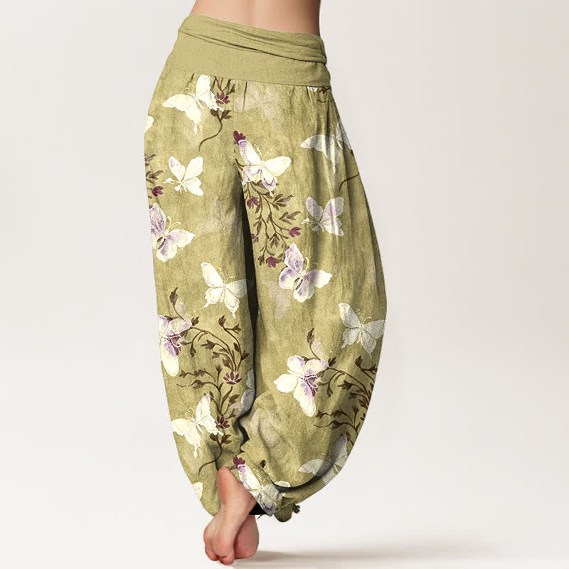 Buddha Stones Cotton White Butterfly Floral Pattern Women's Elastic Waist Harem Pants - image 6