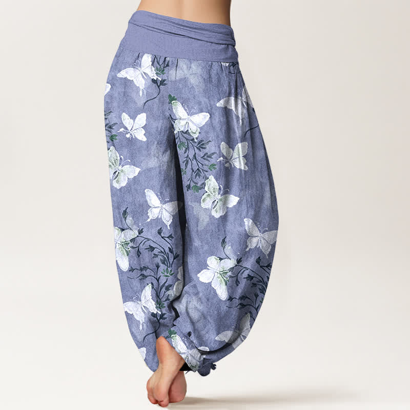 Buddha Stones Cotton White Butterfly Floral Pattern Women's Elastic Waist Harem Pants - image 9