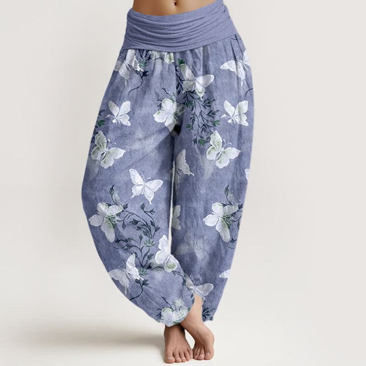 Buddha Stones Cotton White Butterfly Floral Pattern Women's Elastic Waist Harem Pants - LightSteelBlue - US16，UK/AU20，EU48 (3XL) - image 8